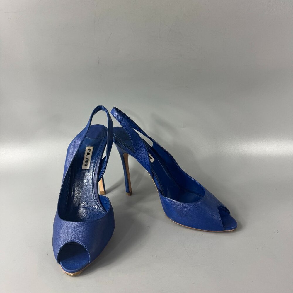 Miu Miu Cobalt Blue Peep-Toe Slingback Stiletto Heels